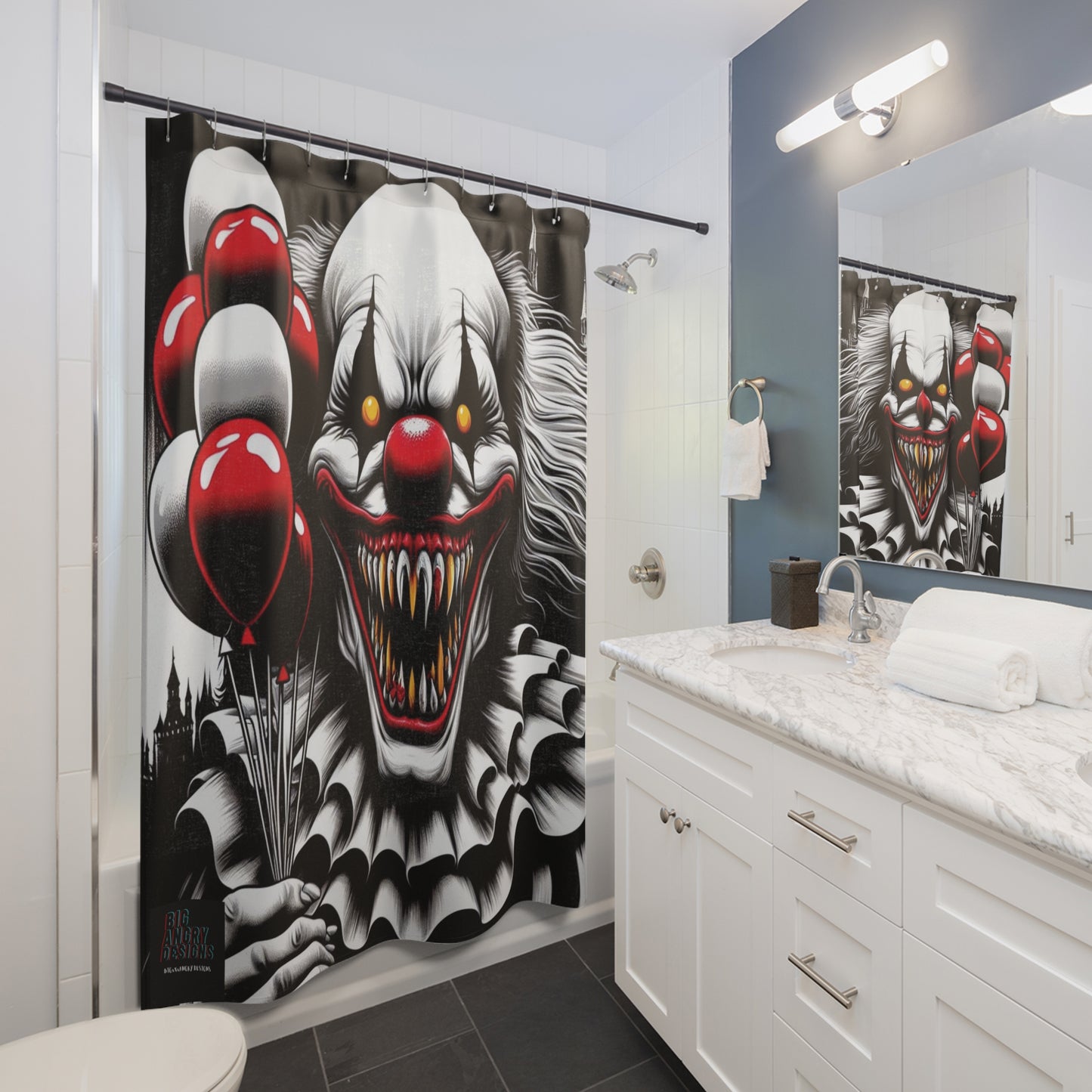 BIGxXxANGRY DESIGNS "JUMP SCARE CLOWN" SHOWER CURTAIN